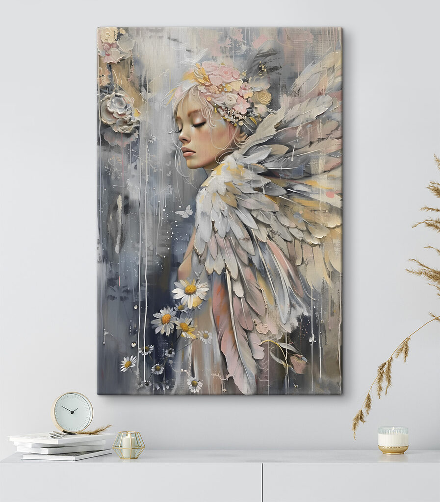 A painting of a woman with wings and flowers A painting of a woman with wings and flowers