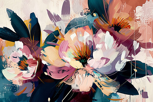 A painting of flowers and leaves