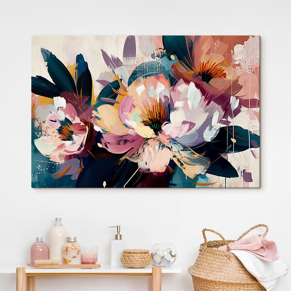 A painting of flowers and leaves
