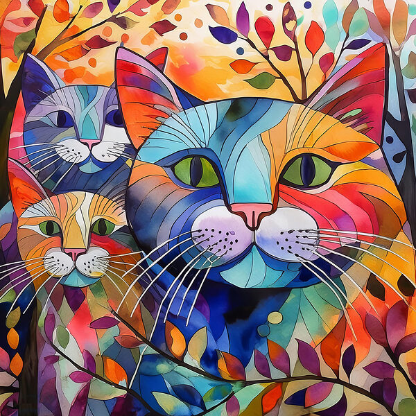 A group of cats with colorful leaves