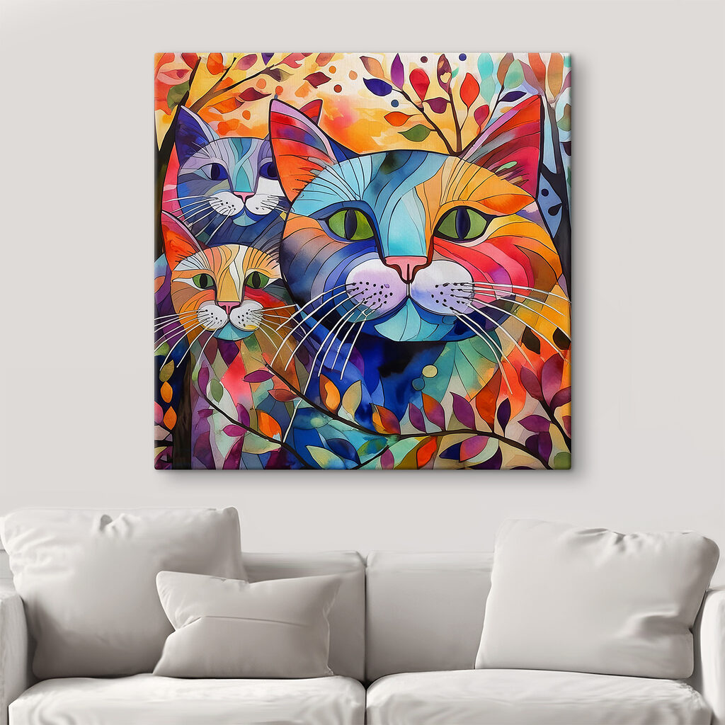 A group of cats with colorful leaves