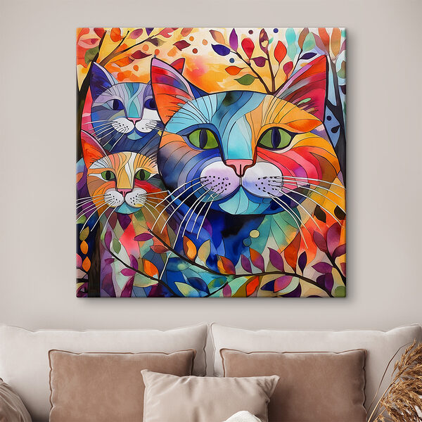 A group of cats with colorful leaves