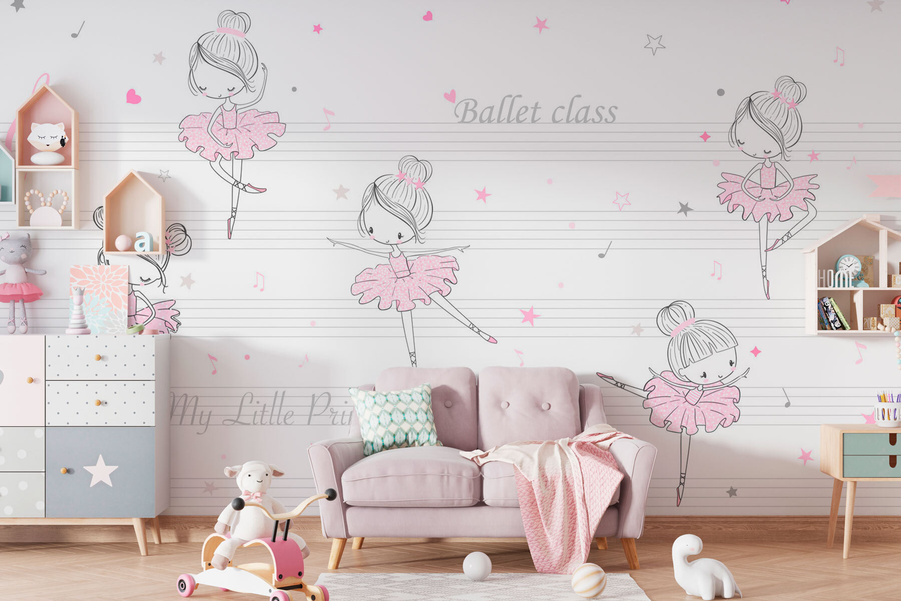 A group of pink and white ballet dancers on musical notes