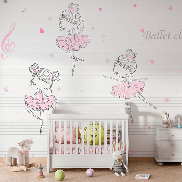 A group of pink and white ballet dancers on musical notes