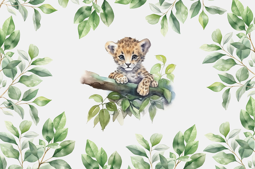 Een aquarel van een babyluipaard op een boomtak Een aquarel van een babyluipaard op een boomtak