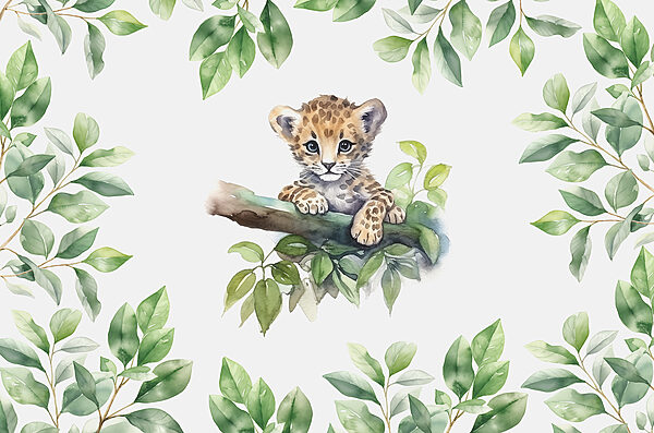 Een aquarel van een babyluipaard op een boomtak Een aquarel van een babyluipaard op een boomtak