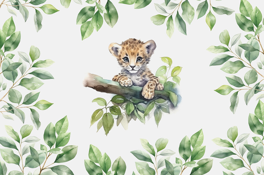 Een aquarel van een babyluipaard op een boomtak