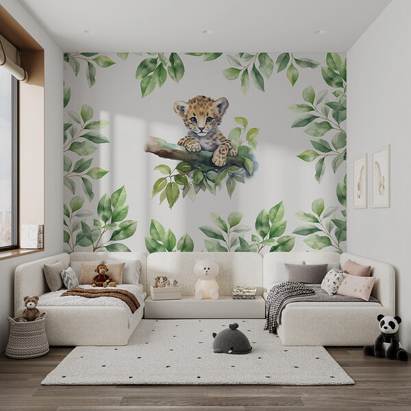 Een aquarel van een babyluipaard op een boomtak Een aquarel van een babyluipaard op een boomtak