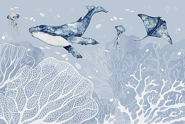 Een walvis en pijlstaartroggen zwemmend in de oceaan Een walvis en pijlstaartroggen zwemmend in de oceaan
