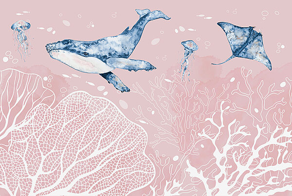 Een walvis en pijlstaartroggen zwemmend in de oceaan Een walvis en pijlstaartroggen zwemmend in de oceaan