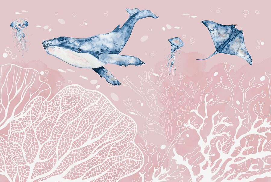 Een walvis en pijlstaartroggen zwemmend in de oceaan