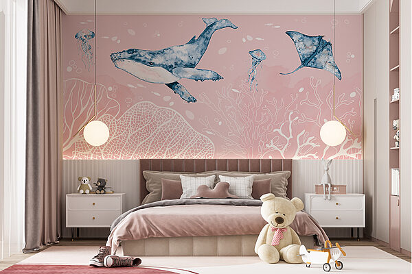 Een walvis en pijlstaartroggen zwemmend in de oceaan Een walvis en pijlstaartroggen zwemmend in de oceaan