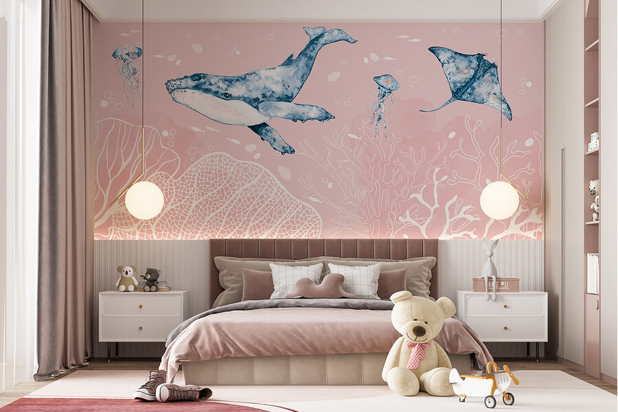 Een walvis en pijlstaartroggen zwemmend in de oceaan