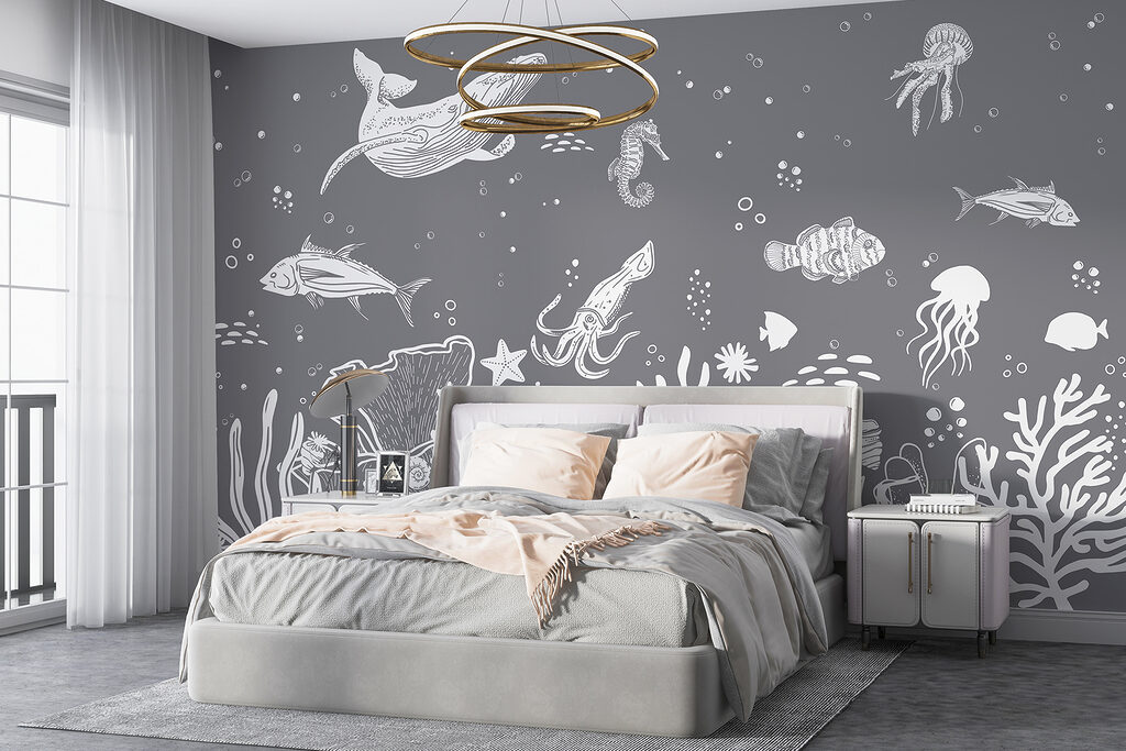A white sea creatures on a gray background