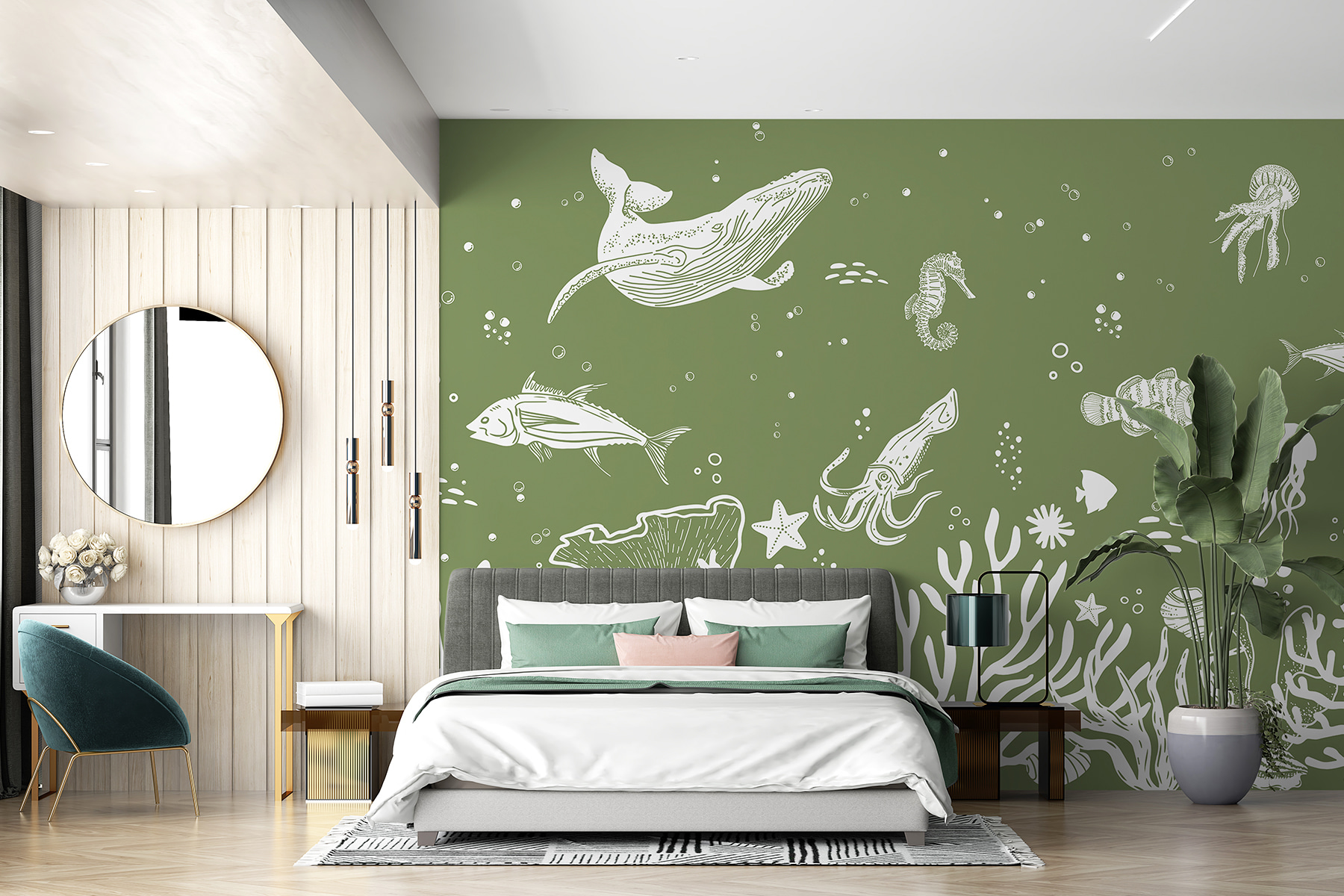 A sea life drawing on a green background