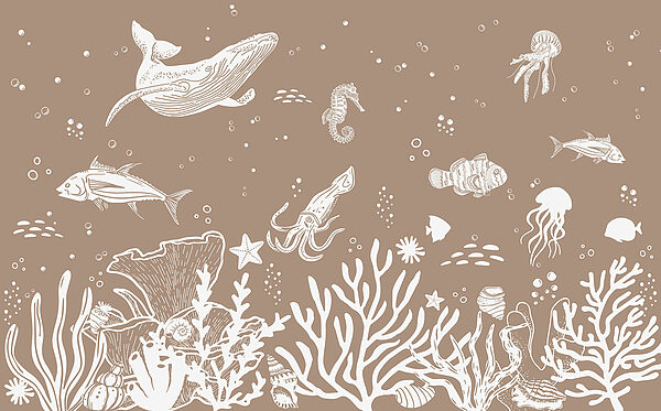 A white line drawing of sea animals