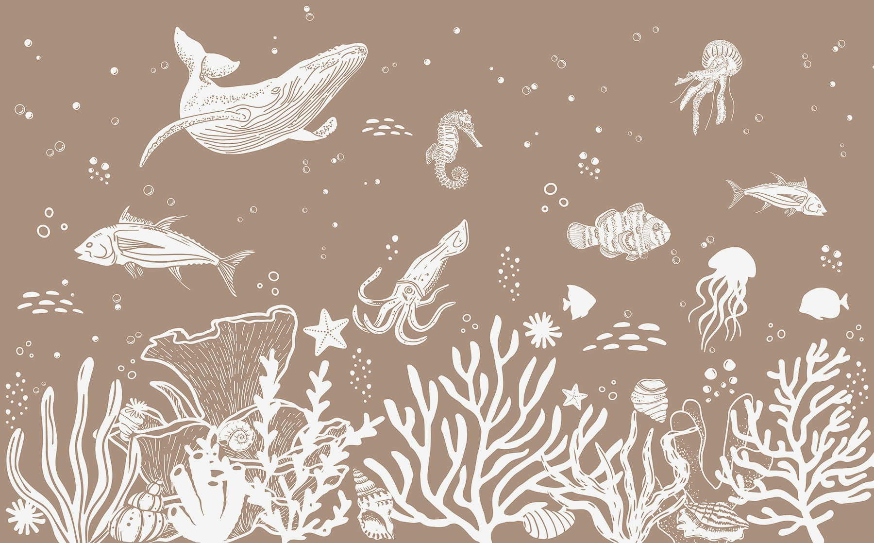A white line drawing of sea animals