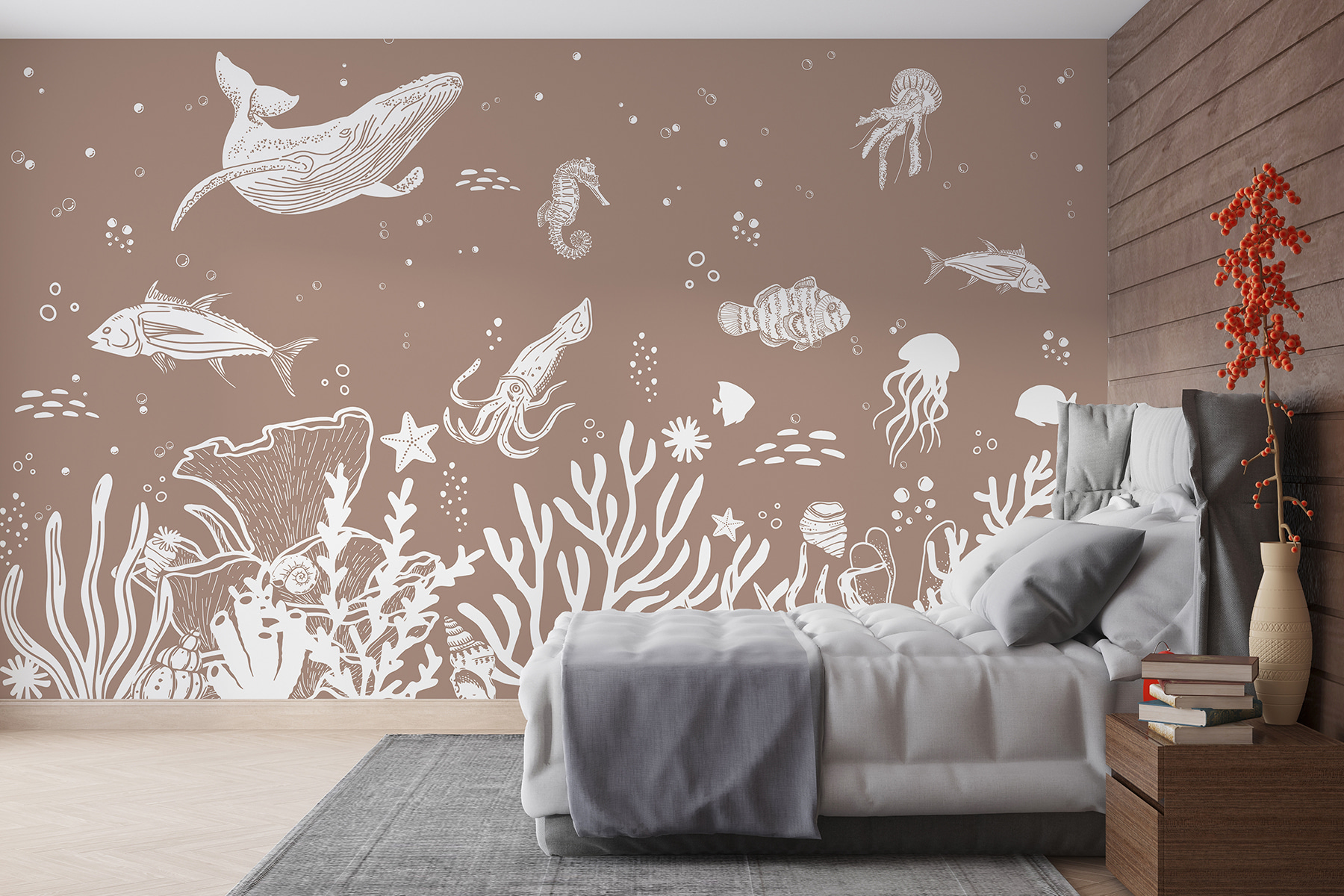 A white line drawing of sea animals