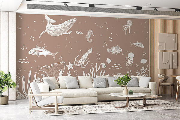 A white line drawing of sea animals