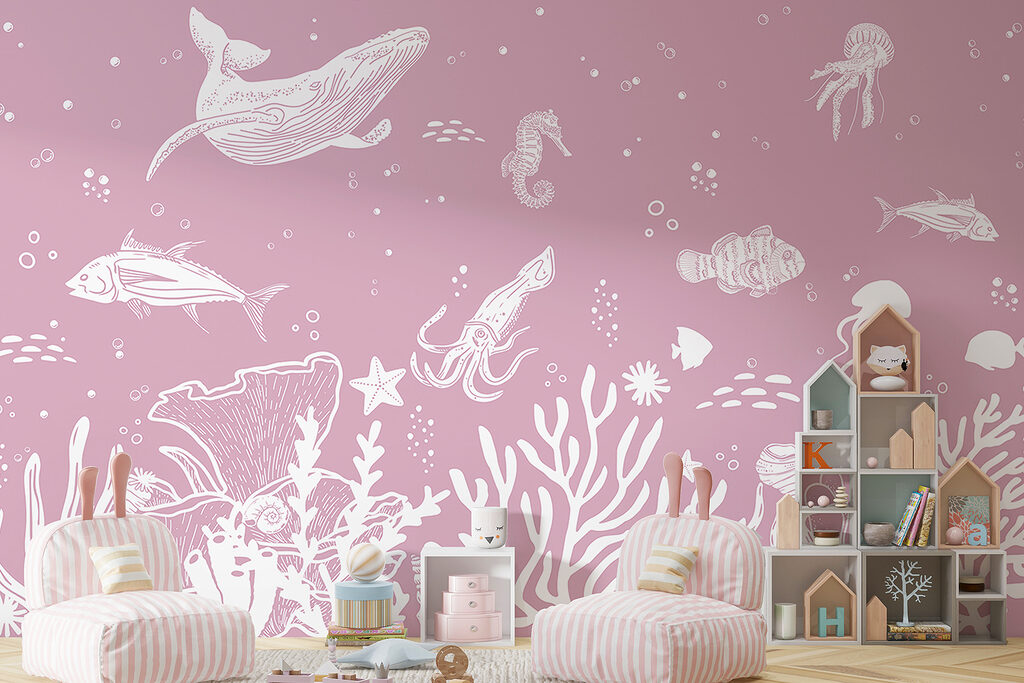 A white outline of sea animals