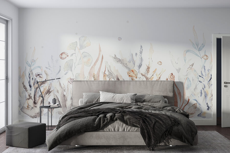 Een aquarel van zeewier en schelpen