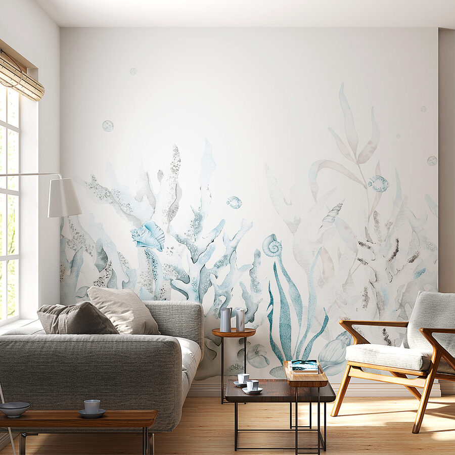 Een aquarel van zeewier en schelpen