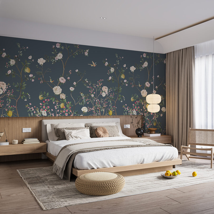 Een behang met bloemen en vogels Een behang met bloemen en vogels