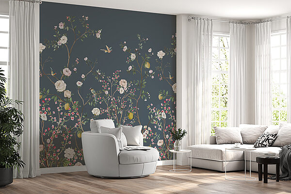 Een behang met bloemen en vogels Een behang met bloemen en vogels