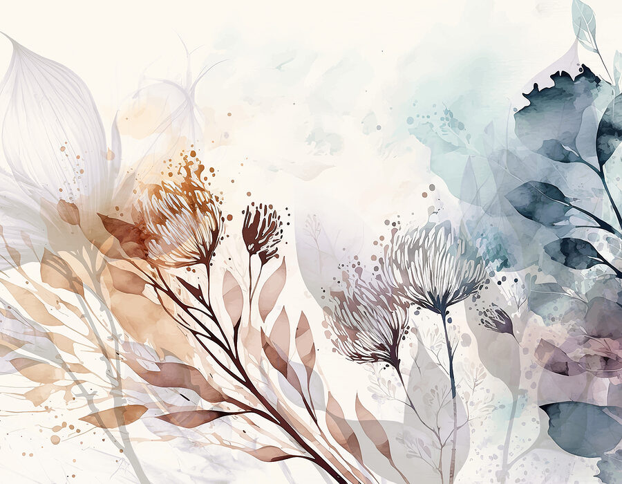 Een aquarelschilderij van bloemen en bladeren