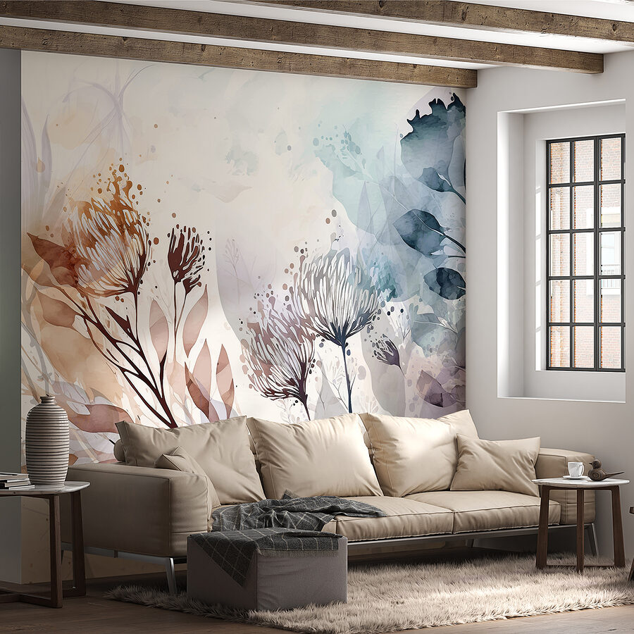 Een aquarelschilderij van bloemen en bladeren