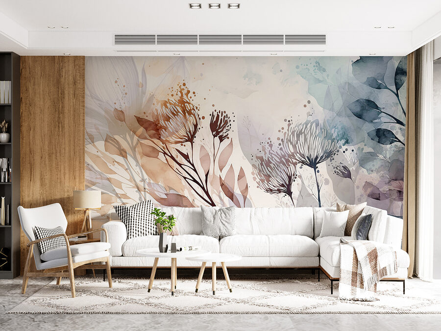Een aquarelschilderij van bloemen en bladeren