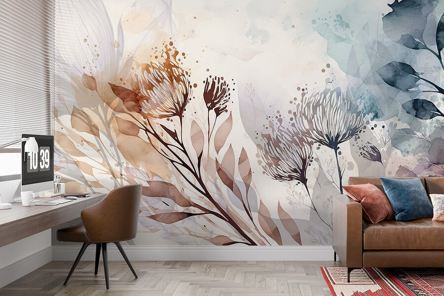 Een aquarelschilderij van bloemen en bladeren