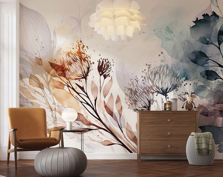 Een aquarelschilderij van bloemen en bladeren