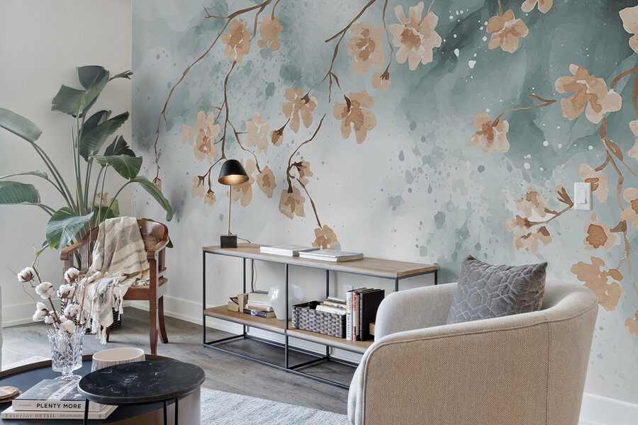 Een schilderij van bloemen op een tak Een schilderij van bloemen op een tak