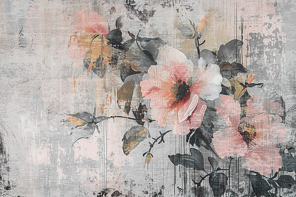 Een schilderij van bloemen op een muur Een schilderij van bloemen op een muur