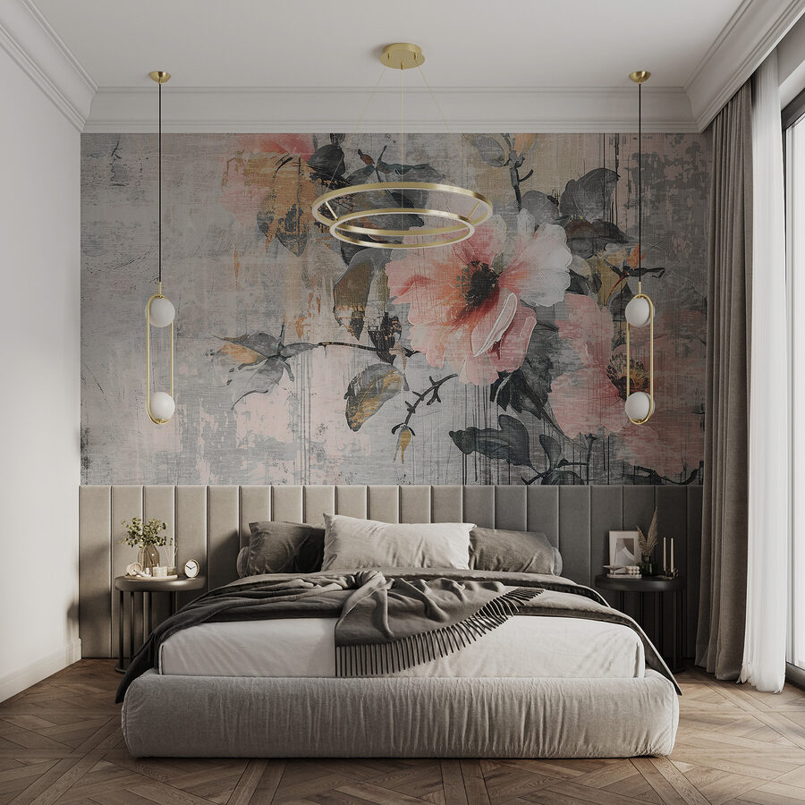 Een schilderij van bloemen op een muur Een schilderij van bloemen op een muur
