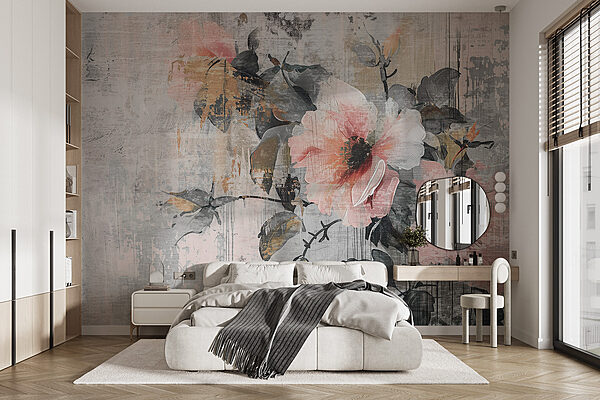 Een schilderij van bloemen op een muur Een schilderij van bloemen op een muur
