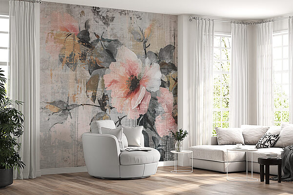 Een schilderij van bloemen op een muur Een schilderij van bloemen op een muur