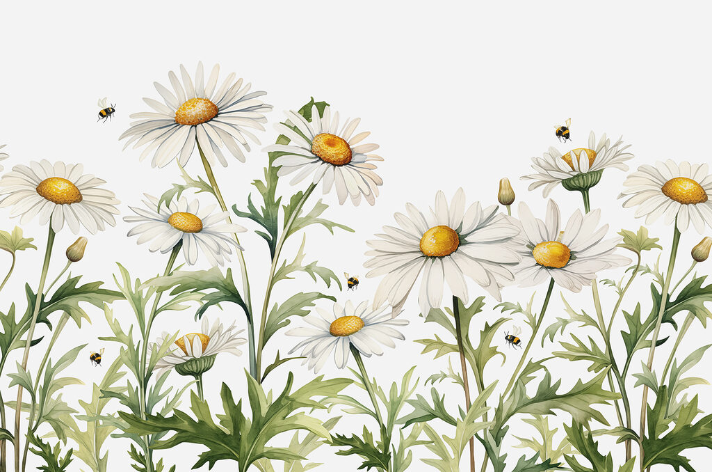 Een groep witte bloemen met een geel hart en groene bladeren Een groep witte bloemen met een geel hart en groene bladeren