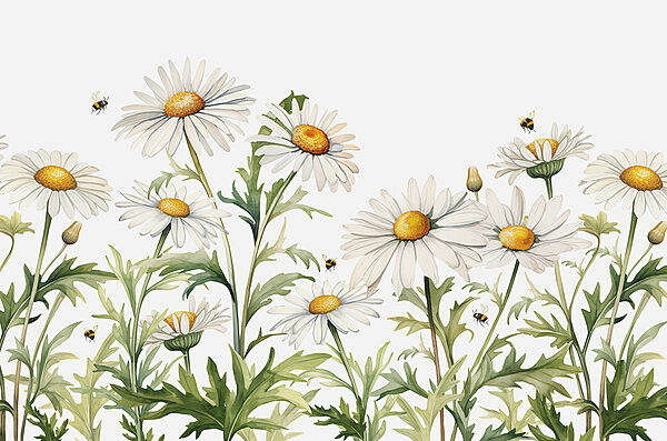 Een groep witte bloemen met een geel hart en groene bladeren Een groep witte bloemen met een geel hart en groene bladeren