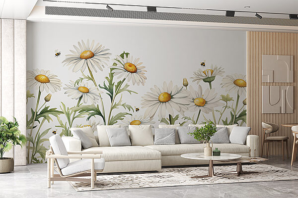 Een groep witte bloemen met een geel hart en groene bladeren Een groep witte bloemen met een geel hart en groene bladeren