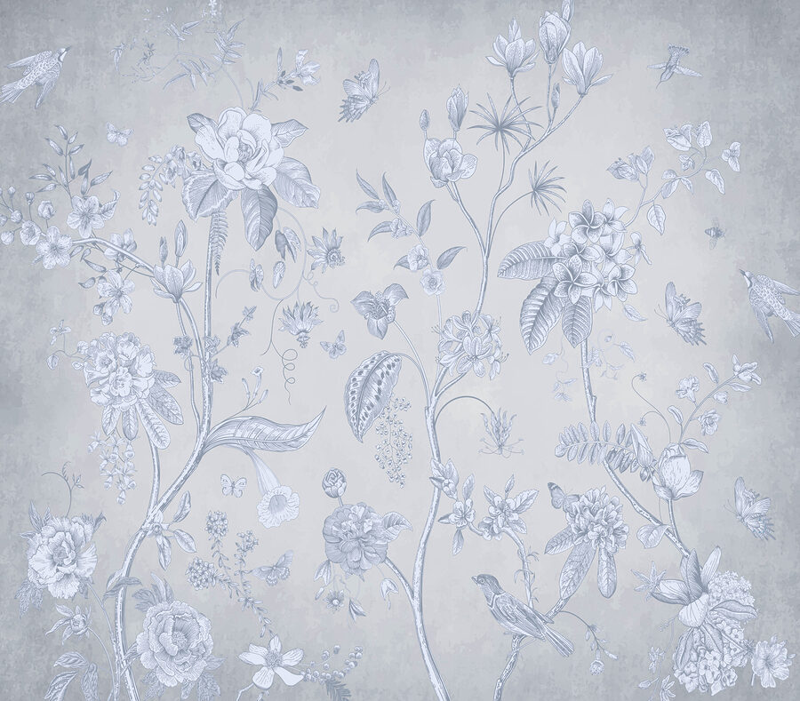 Een behang met bloemen en vogels