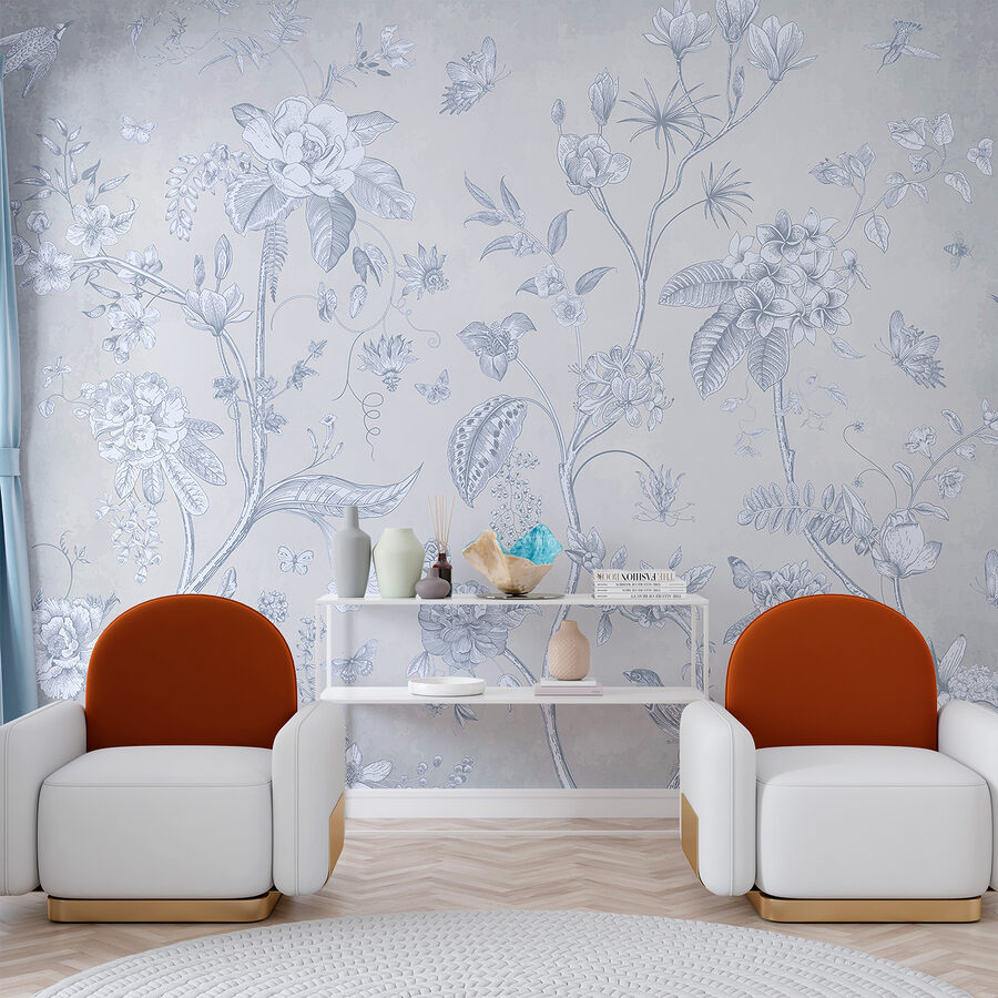 Een behang met bloemen en vogels