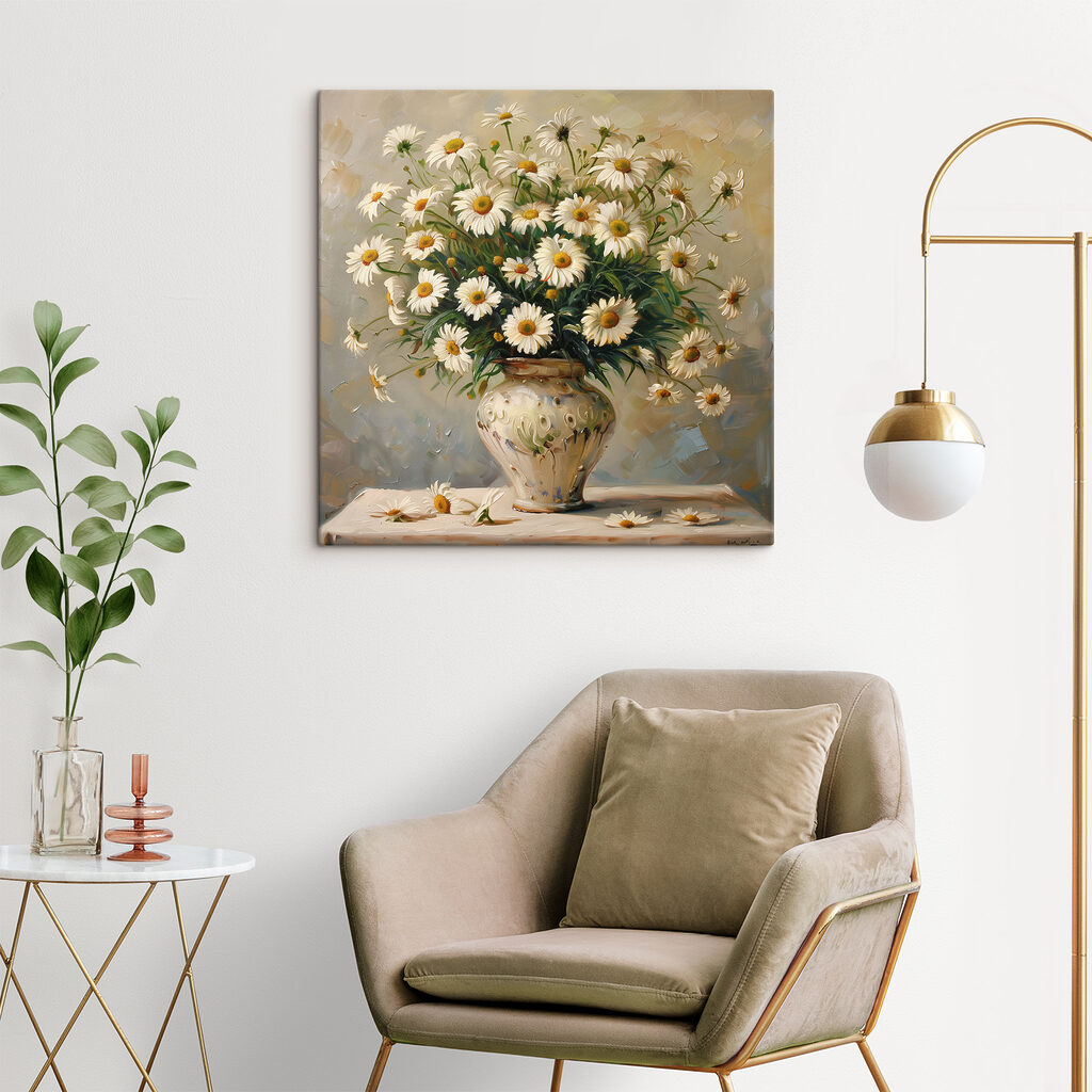 A painting of a vase of daisies A painting of a vase of daisies