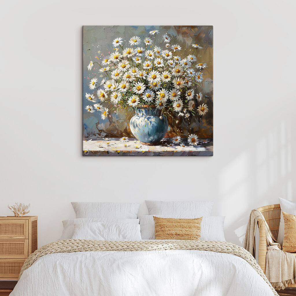 A painting of a vase of daisies A painting of a vase of daisies