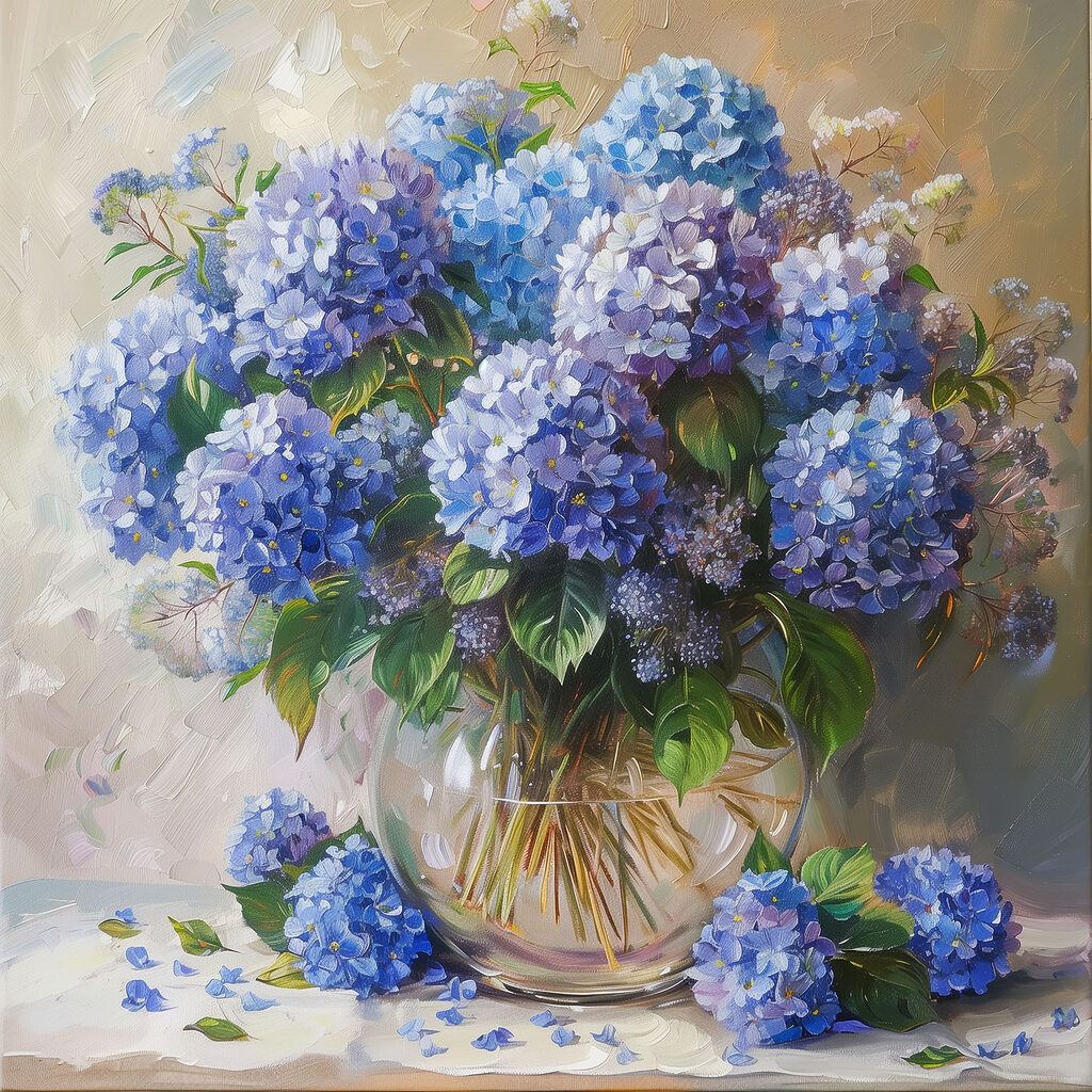 A painting of a vase of blue flowers A painting of a vase of blue flowers