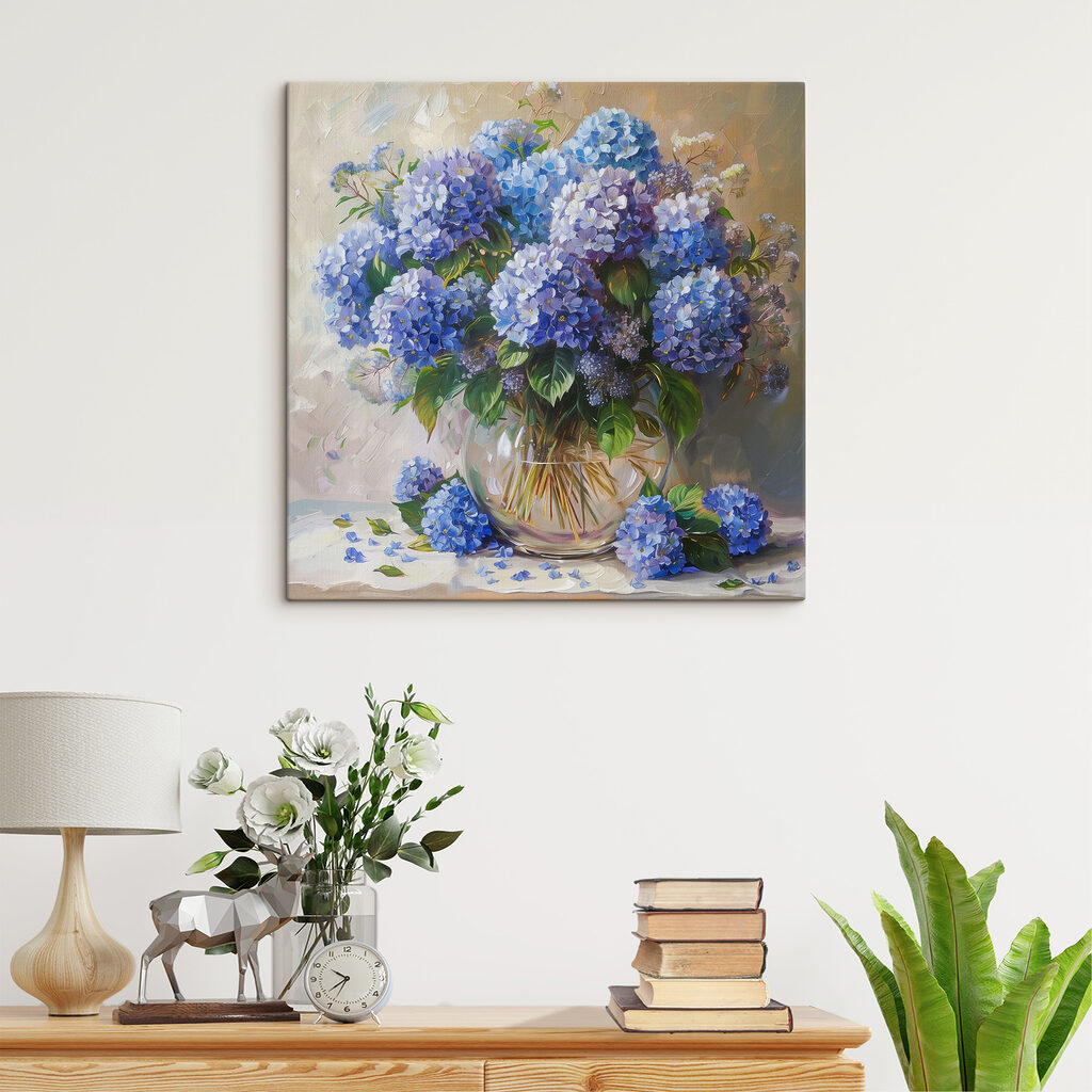 A painting of a vase of blue flowers A painting of a vase of blue flowers