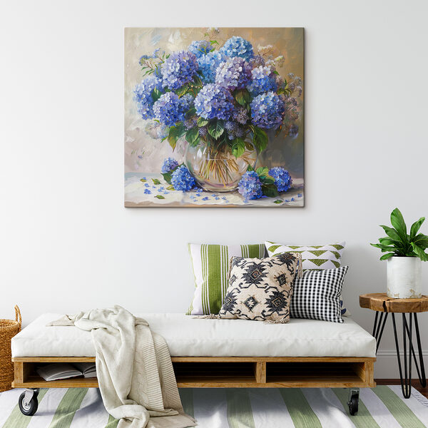 A painting of a vase of blue flowers A painting of a vase of blue flowers
