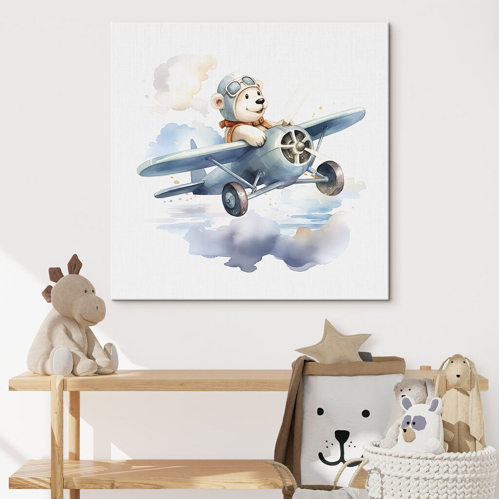 A cartoon bear in a pilot hat flying in an airplane