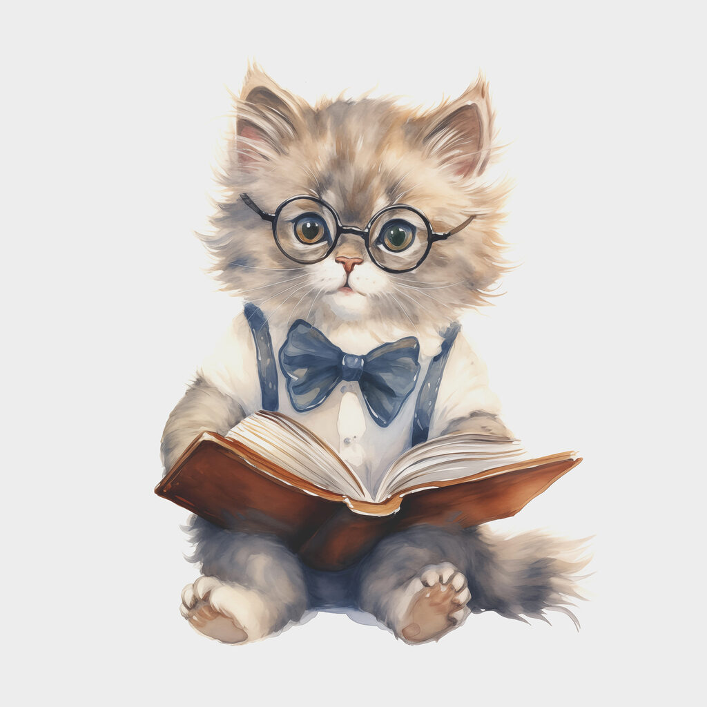 A cat wearing glasses and a bow tie reading a book